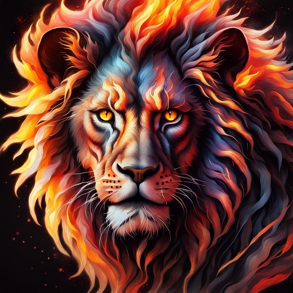 Fiery Glitch Lion Concept Art in Watercolor Style