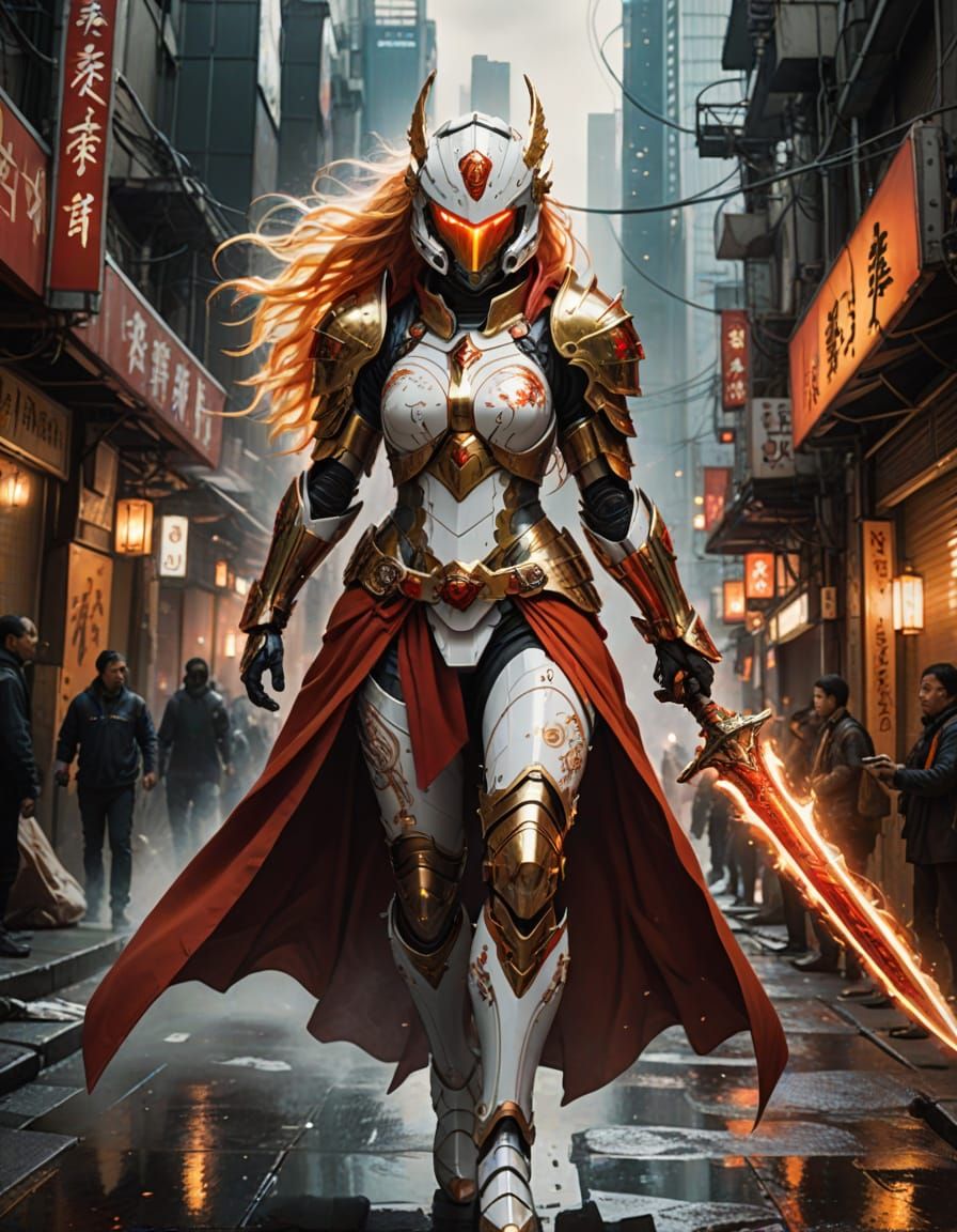 Girl Warrior in Cyberpunk Urban Canyon