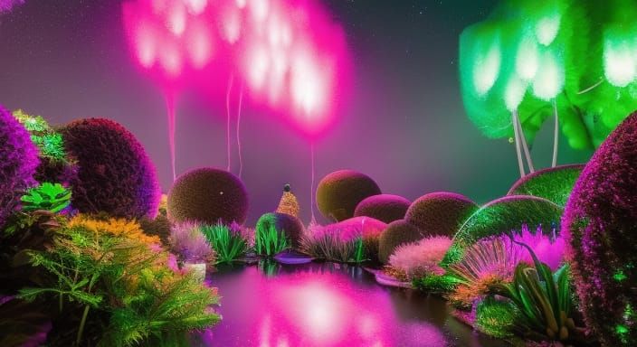 Milky Way Galaxy Over Psychedelic Garden Art