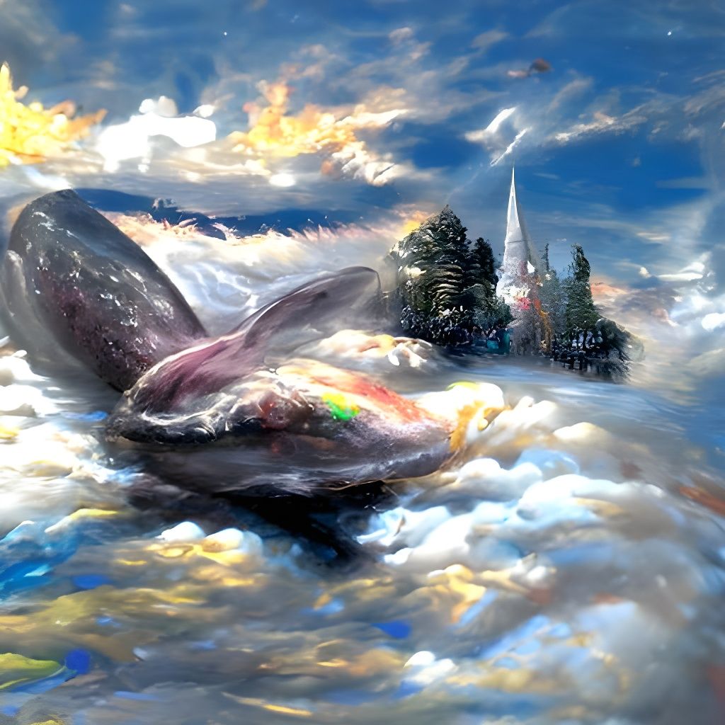 Blue Whale Soaring in Colorful Sky, Oil Painting