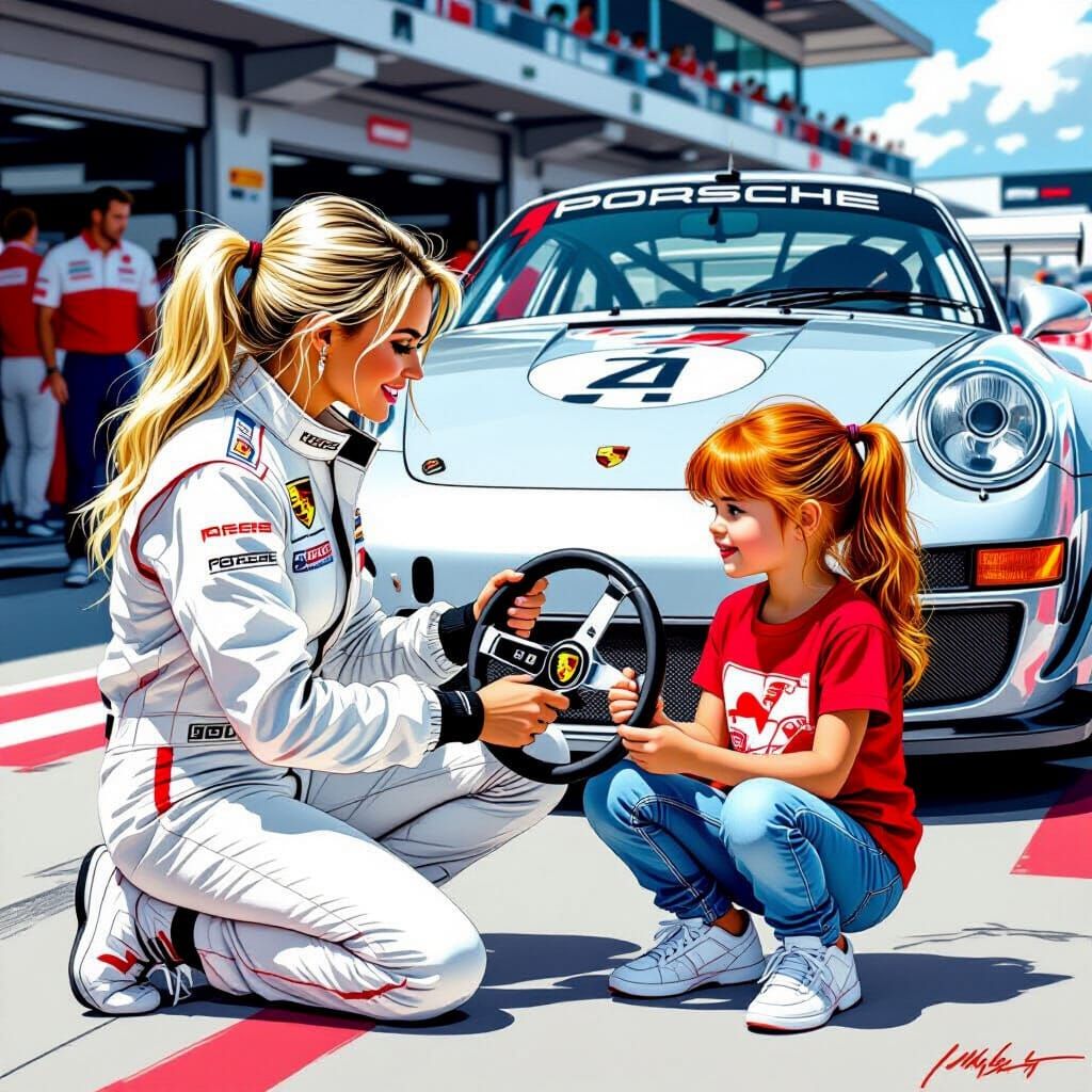 Race Car Driver Teaches a Young Girl About Racing