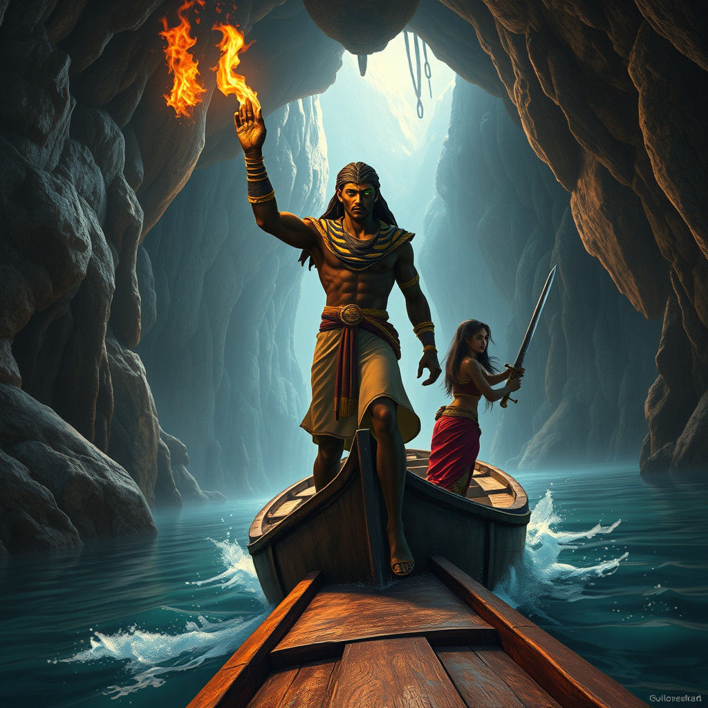 Egyptian Captain Enters Cave with Hawaiian Warrior