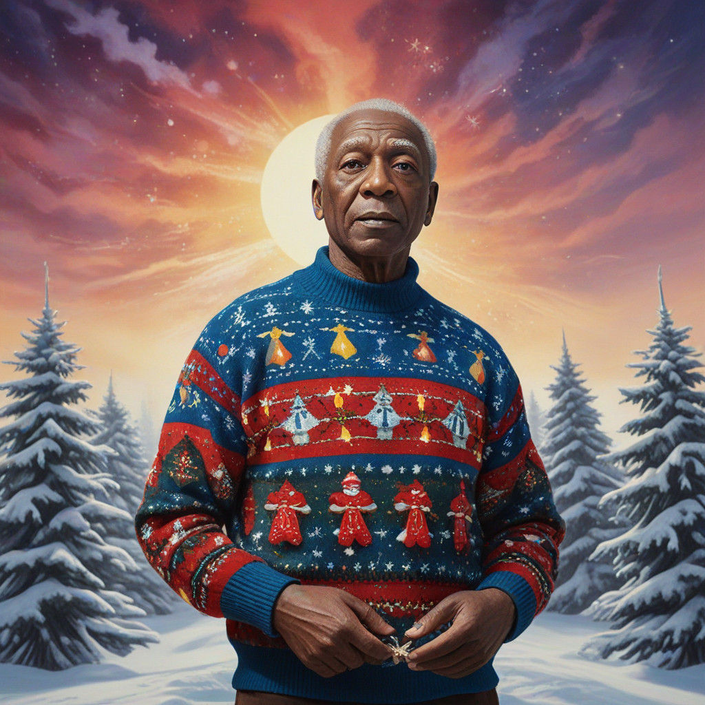 Surrealist Christmas Scene with Dark Skinned Gentleman in Bo...