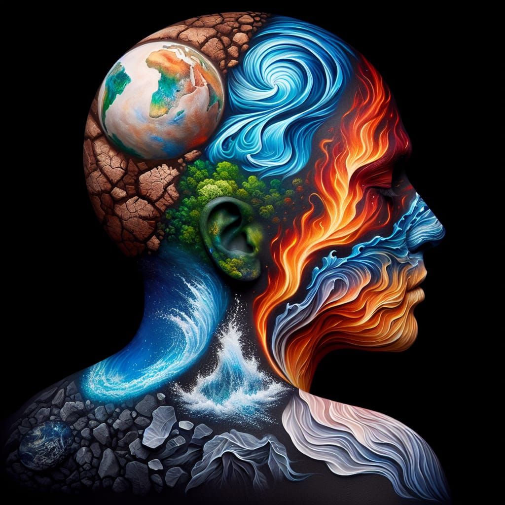 Human figure as a living canvas representing the four natura...