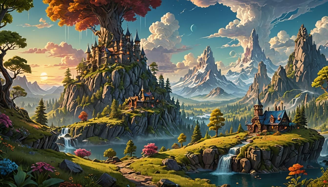 Unreal fantasy landscape, highly detailed digital art masterpiece, surreal and vibrant colors, whimsical and mystical at...