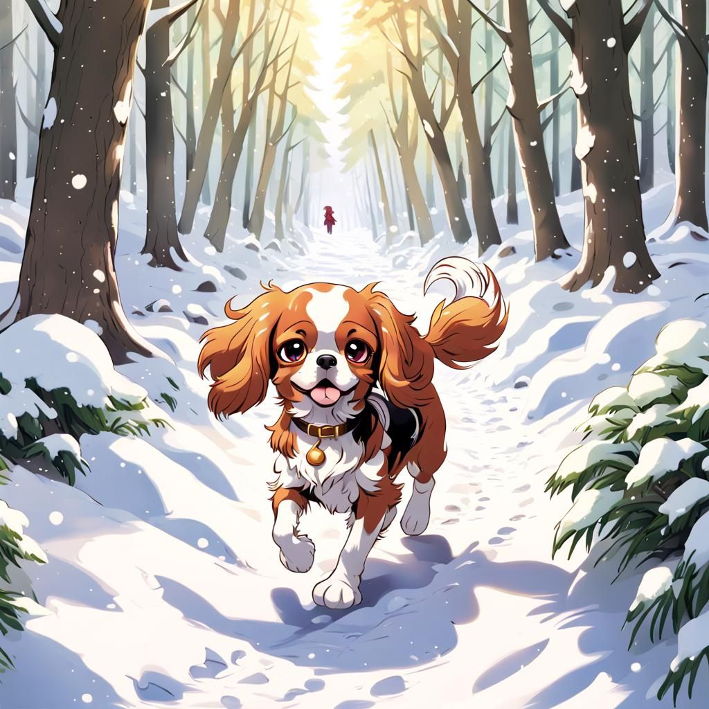 Cavalier Spaniel in Snowy Forest, Anime Style