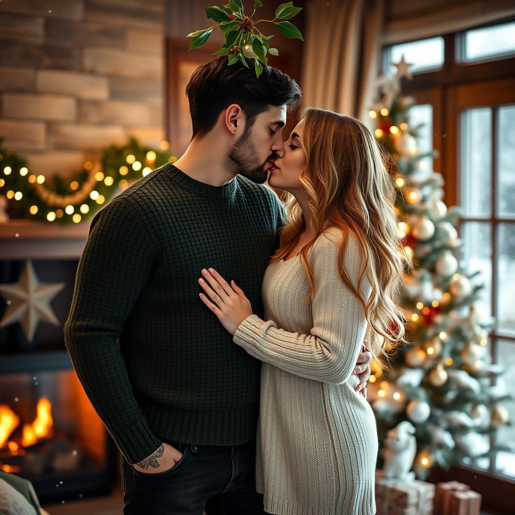 Handsome Gentleman Kisses Beautiful Lady Under the Mistletoe...