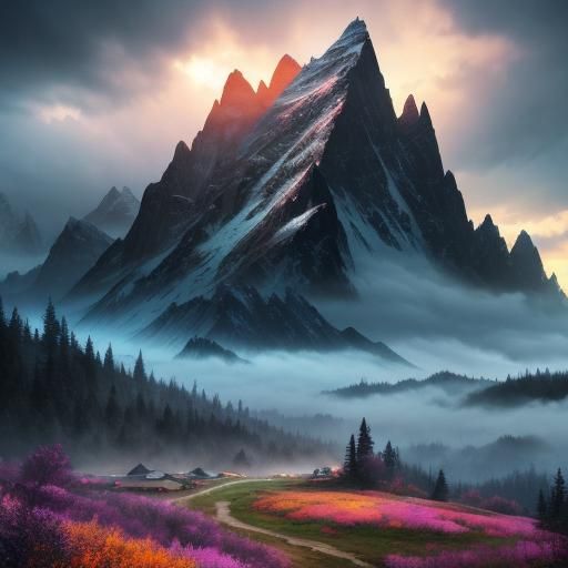 Misty Mountain Landscape in Abstract Hyperrealistic Style