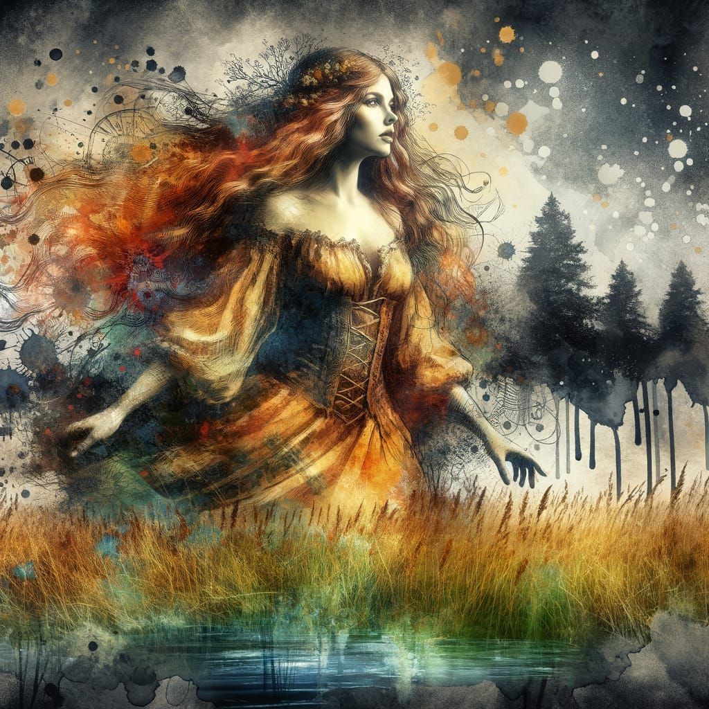 Nordic Goddess in Meadow: Watercolor Ink Art