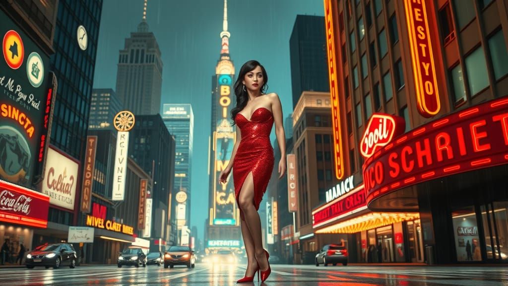Sultry Jessica Rabbit in Cyberpunk Film Noir Cityscape