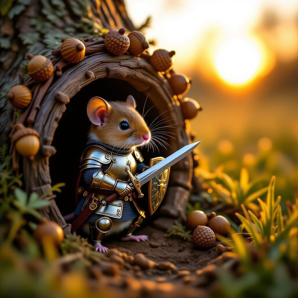 Tiny Knight Mouse Guards Acorn Burrow in Sunset Glow