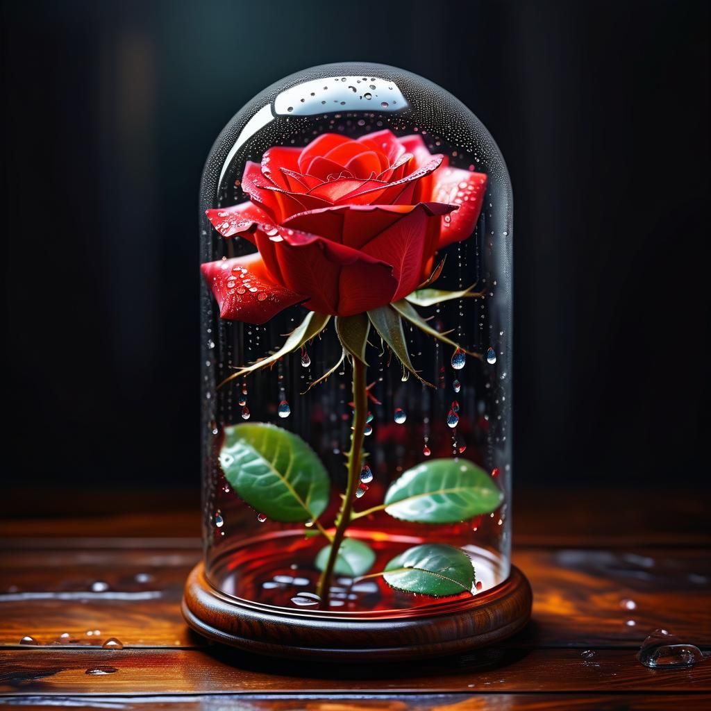 Red Rose in Glass Dome: Oil Painting Still Life