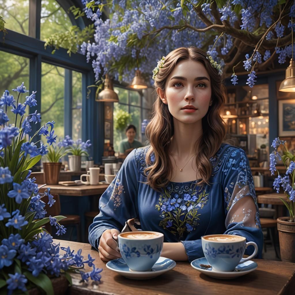 Woman in Coffee Shop with Bluebells: Detailed Matte Painting