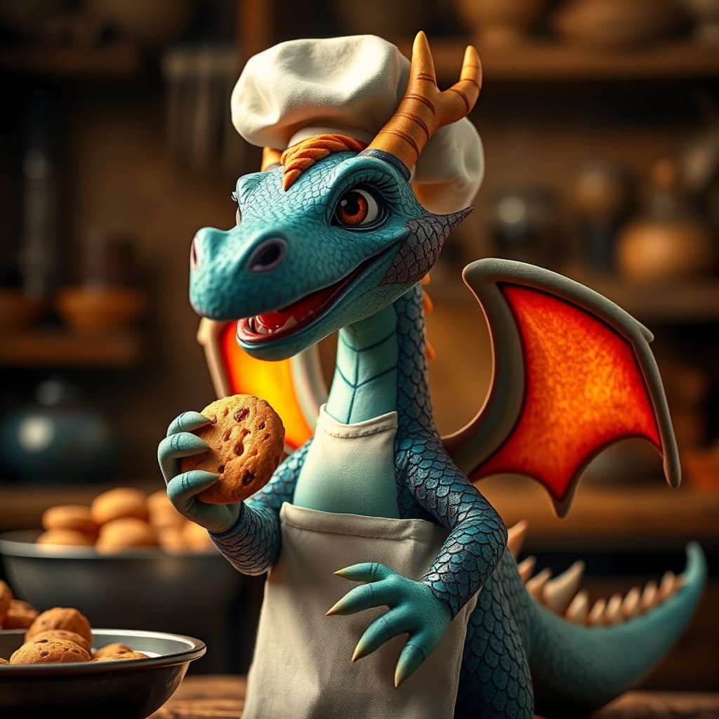 Whimsical Claymation Dragon Chef's Cookie Delight