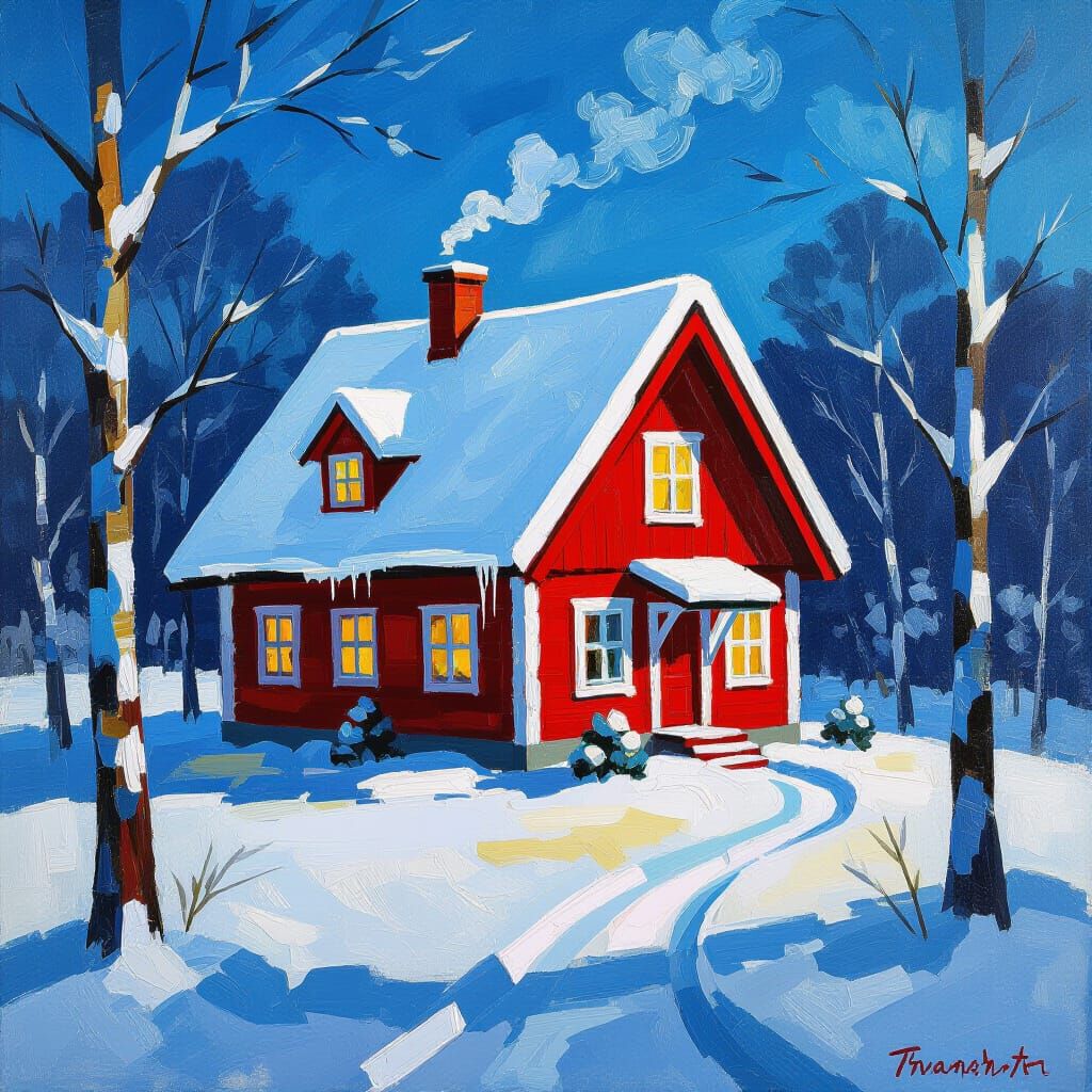 Serene Snow Cottage with Golden Brushstrokes