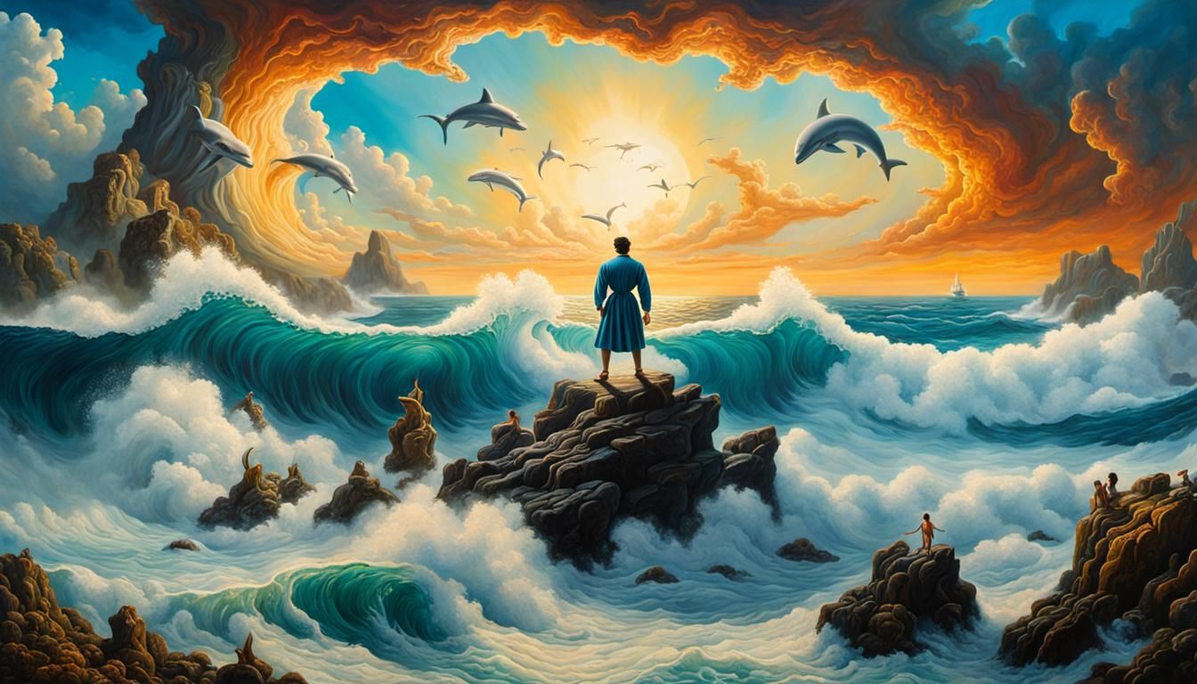 Neptune with Dolphins and Mermaids, Salvador Dali Style