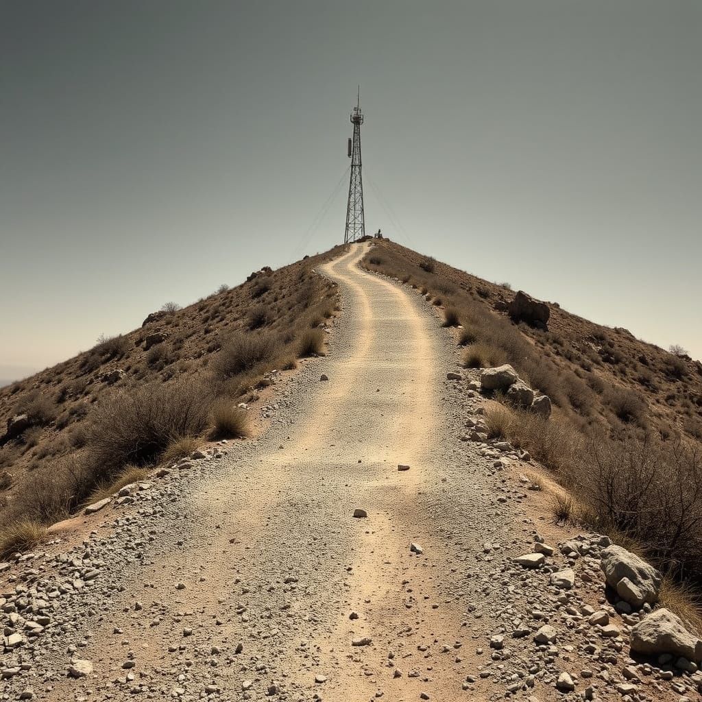 Weathered Trail Winds Up Rugged Hill Towards Radio Mast in E...