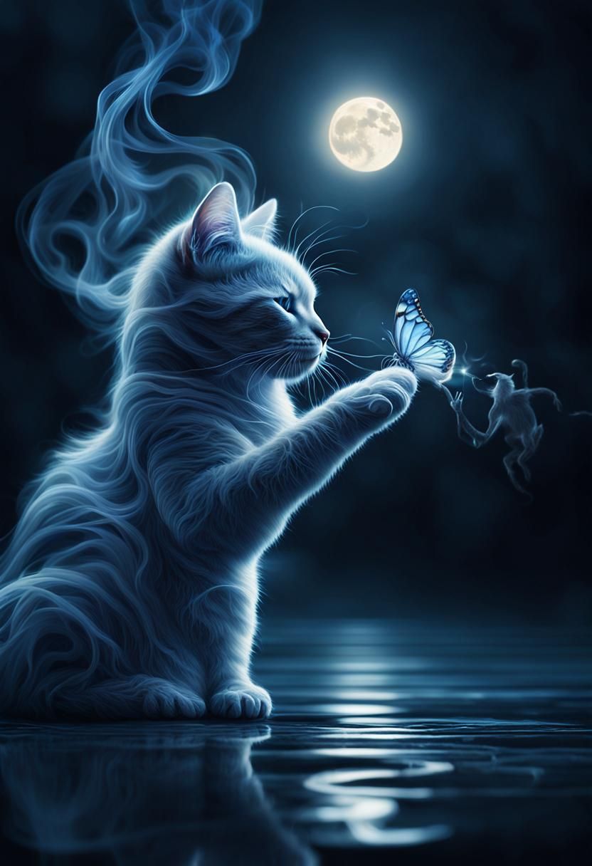Ethereal Smoke Form Dances on Glass Cat's Nose in Moonlit Ni...