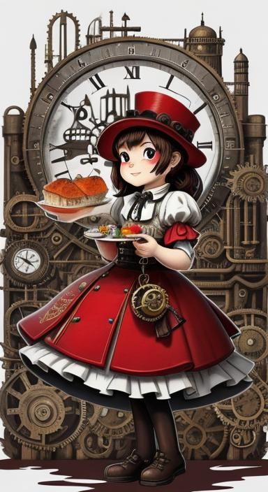 Cartoon Baby Girl Enjoys Fish with Steampunk Engine