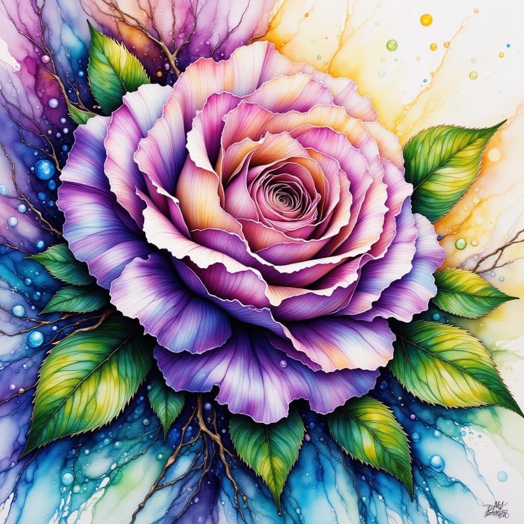 Purple and White Rose in Watercolor Alcohol Ink Style