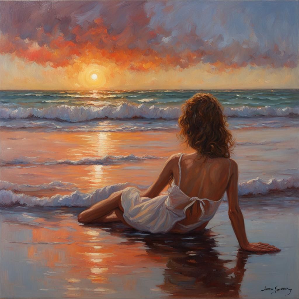 Sunset Beach Oil Painting in Gurney Style