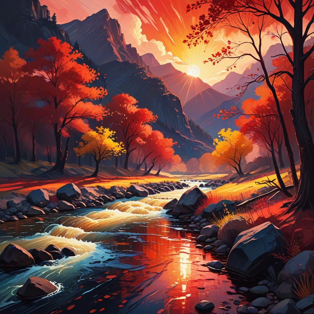 Fauvist Mountain River in Vibrant Red Light