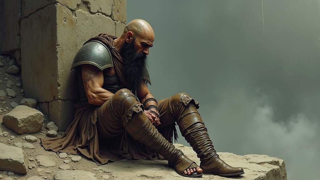 Weary Warrior in Despair: A Dark Fantasy Scene