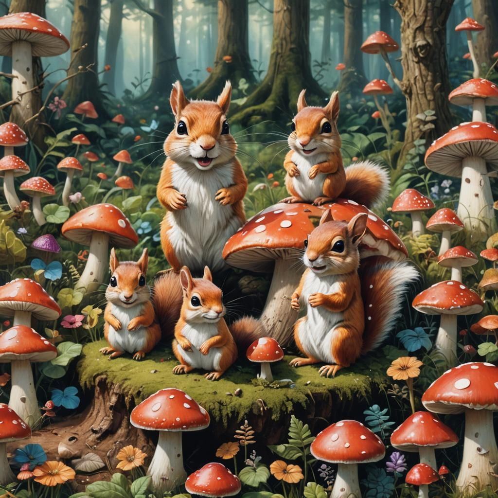 Fairies, Toadstools, and Squirrel in Forest Dreamscape