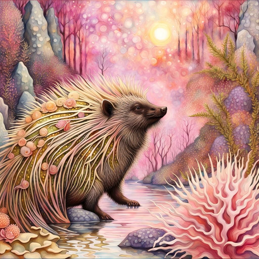 Mythical Porcupines in Klimt-Inspired Watercolour Forest
