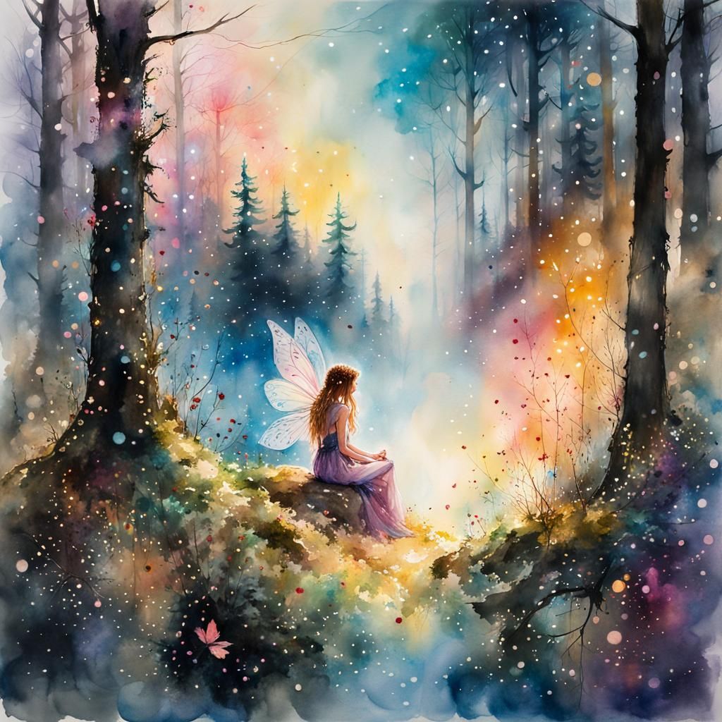 Watercolor Fairy in Magical Forest After New Year