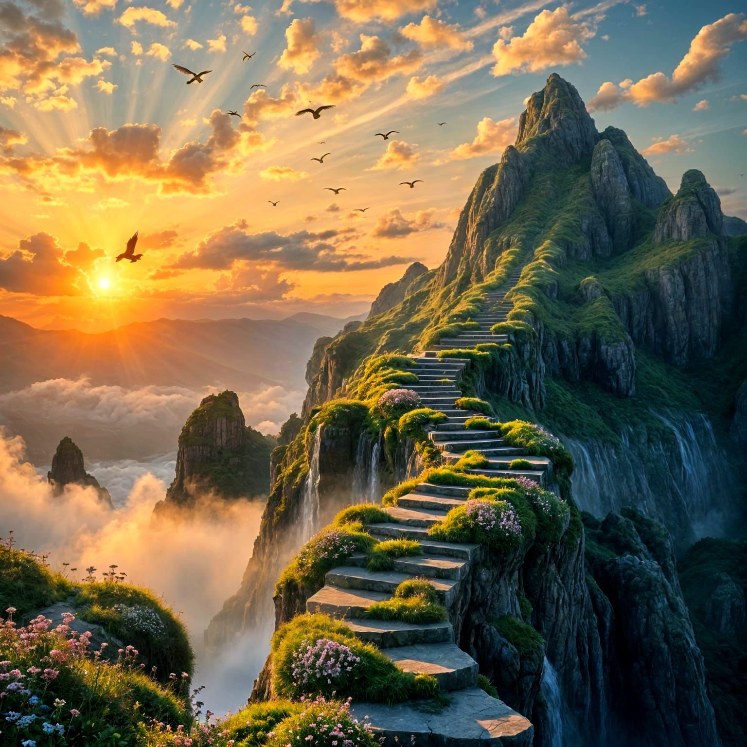 Floating Mountain Staircase to Golden Sunset