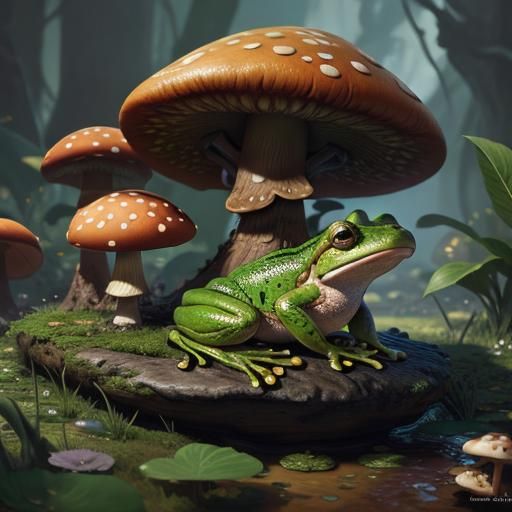 Frog and Mushroom in Detailed Matte Painting Style