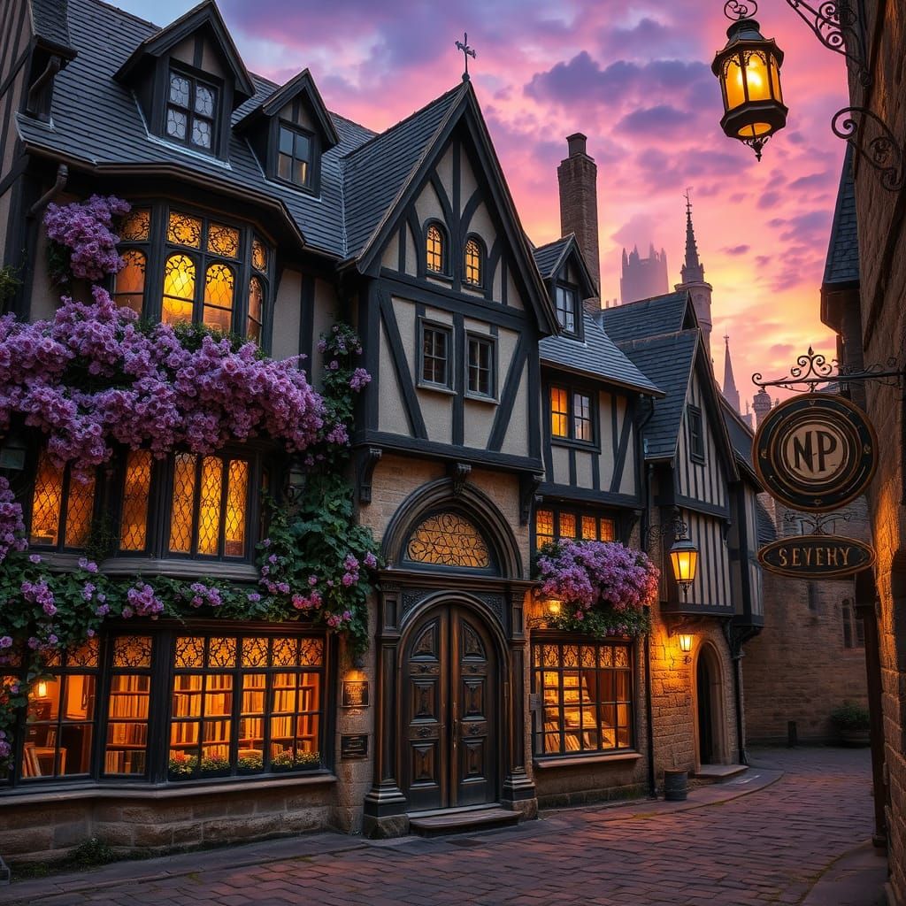 Medieval Bookshop in European Town, Grand Wooden Door with S...