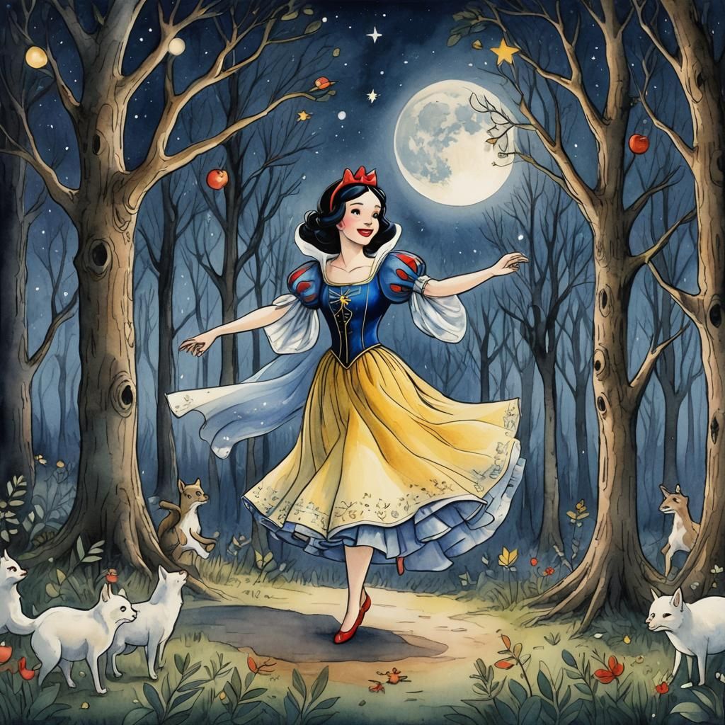 Snow White's Forest Dance: Storybook Illustration