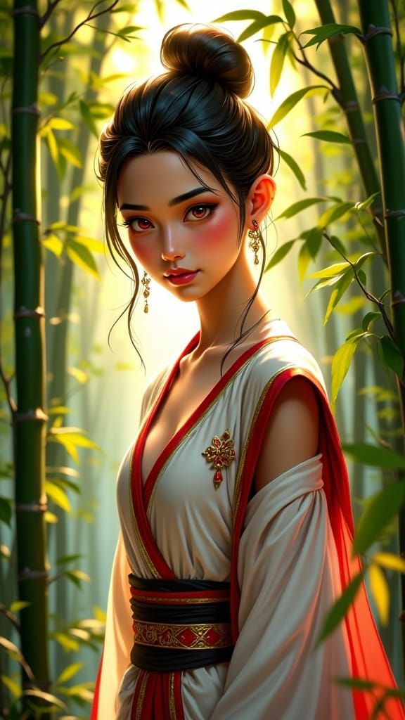 Inari Princess in Golden Bamboo Forest Digital Art