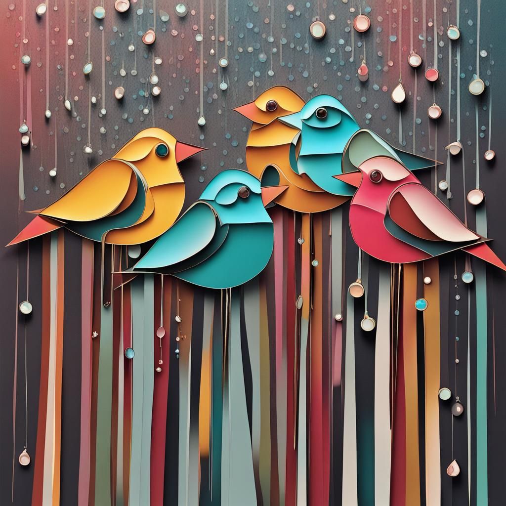 Jeweled Paper Birds in Rain: Abstract Art