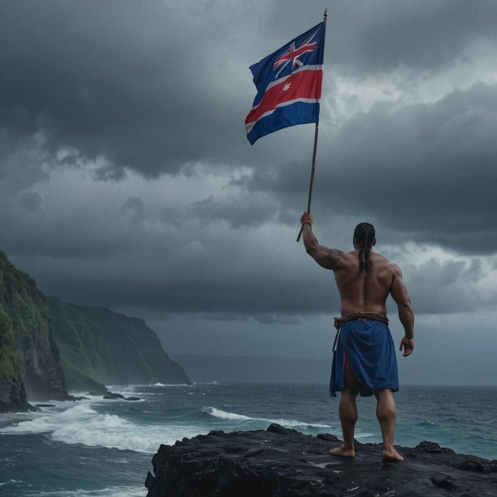 Samoan Warrior with Flag on Stormy Cliff