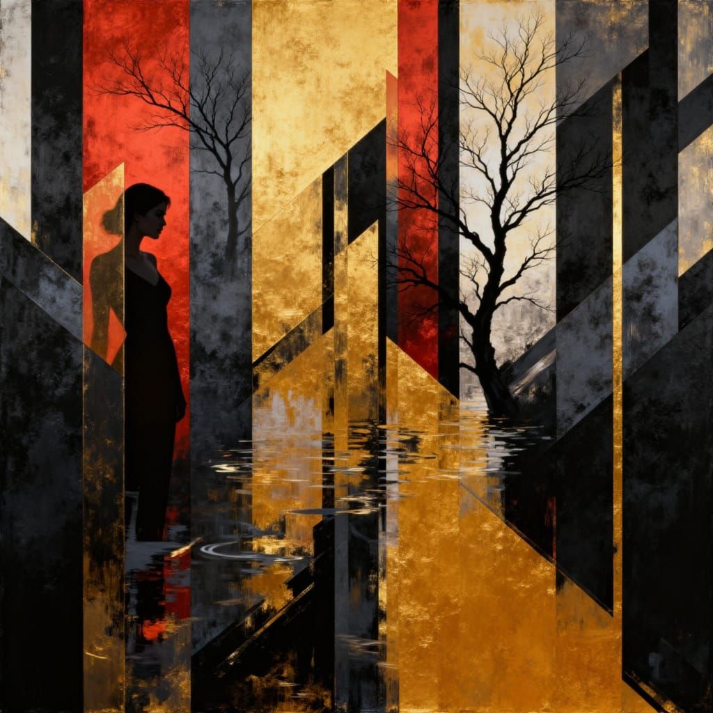 Abstract Geometric Composition with Vertical Gold Lines