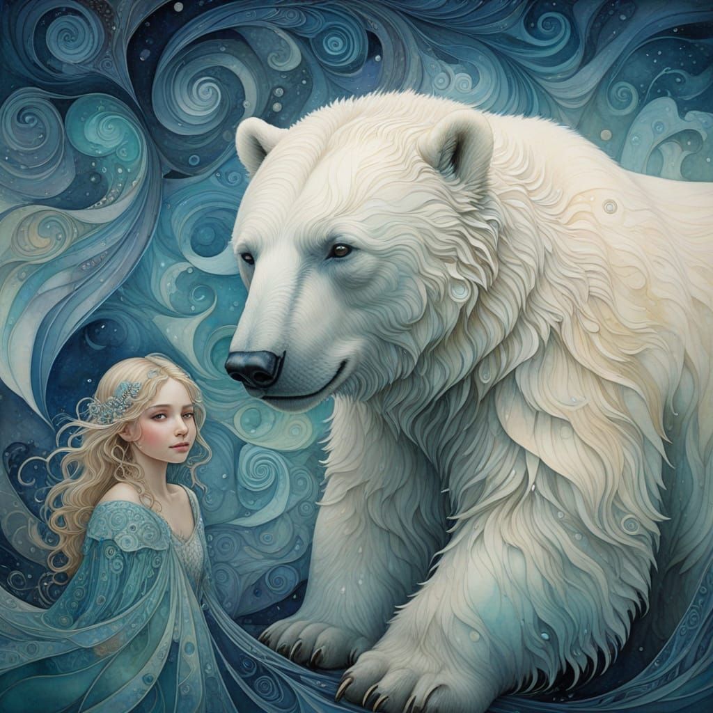 Surreal Art Nouveau Watercolor of a Young Girl Meeting a Pol...