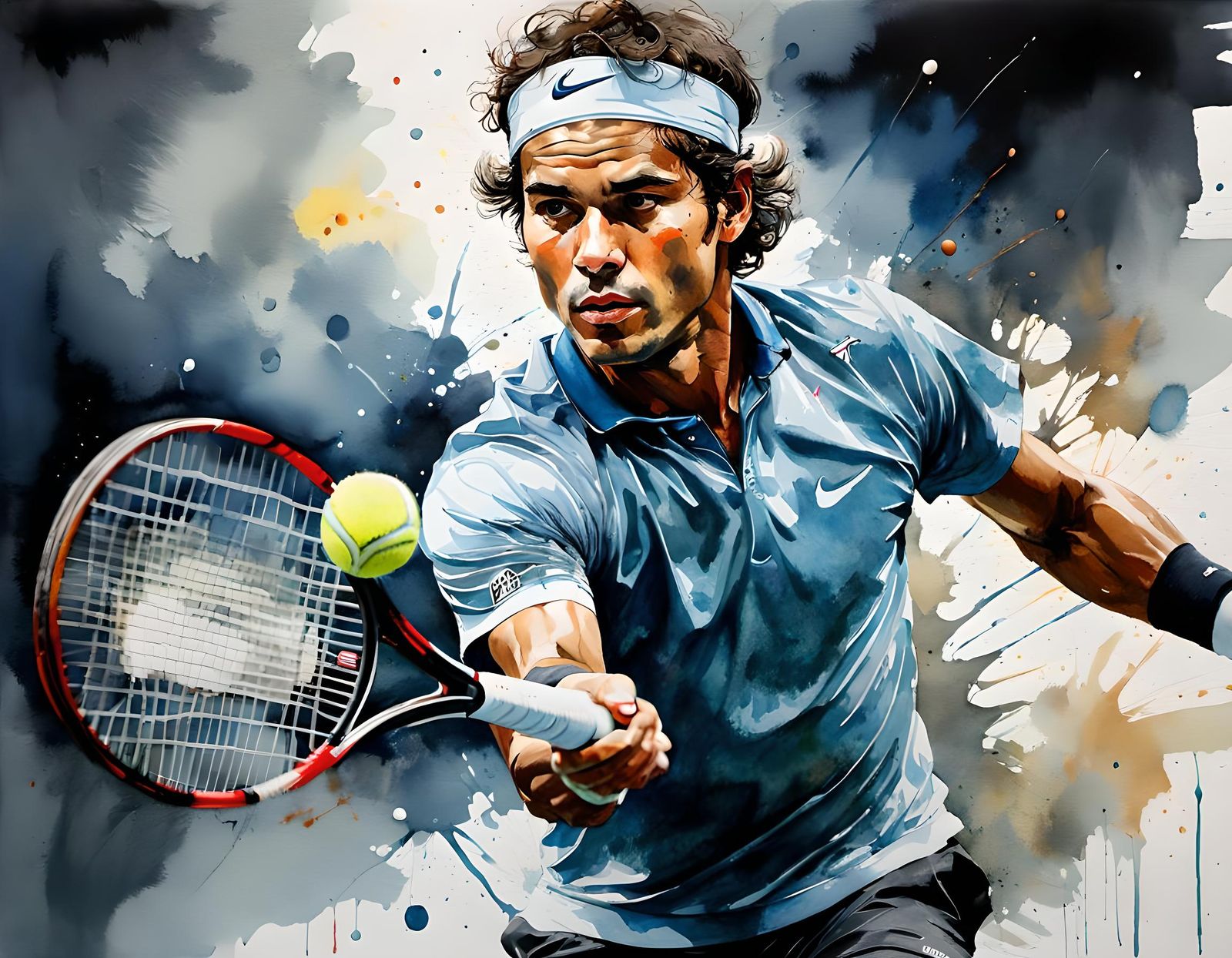 Watercolor Portrait of Tennis Player Ready to Strike