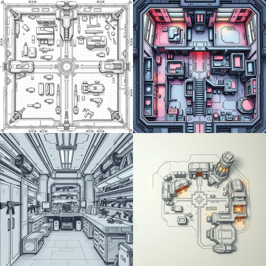 Futuristic Armory Layout in Minimalist Pencil-Drawn Style