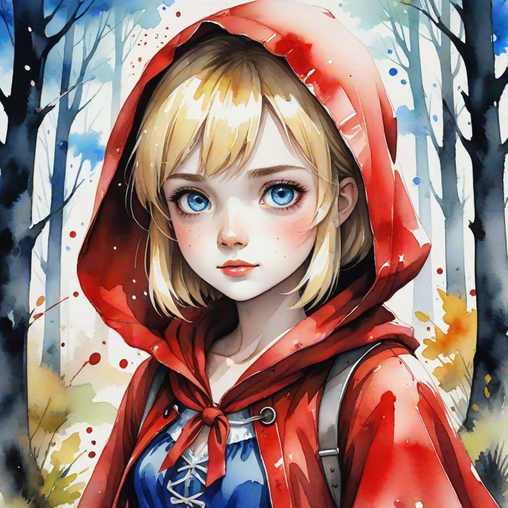 Watercolor Anime Portrait of Little Red Riding Hood