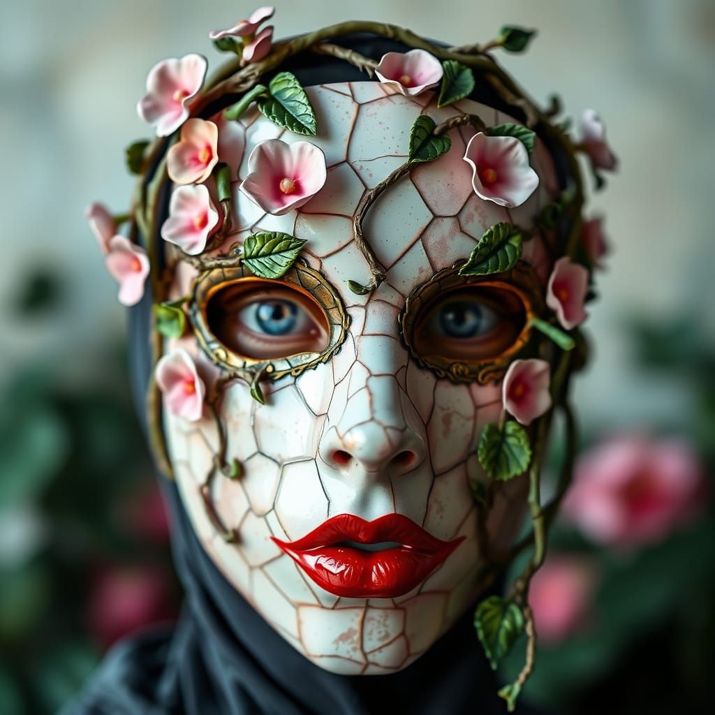 figure wearing mask cracked porcelain vines stares ahead. mask intricate floral patterns green pink tones, lips exaggera...