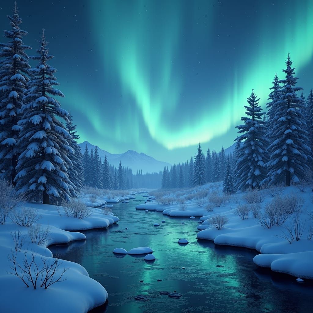 Winter River Under Northern Lights: Fantasy Concept Art