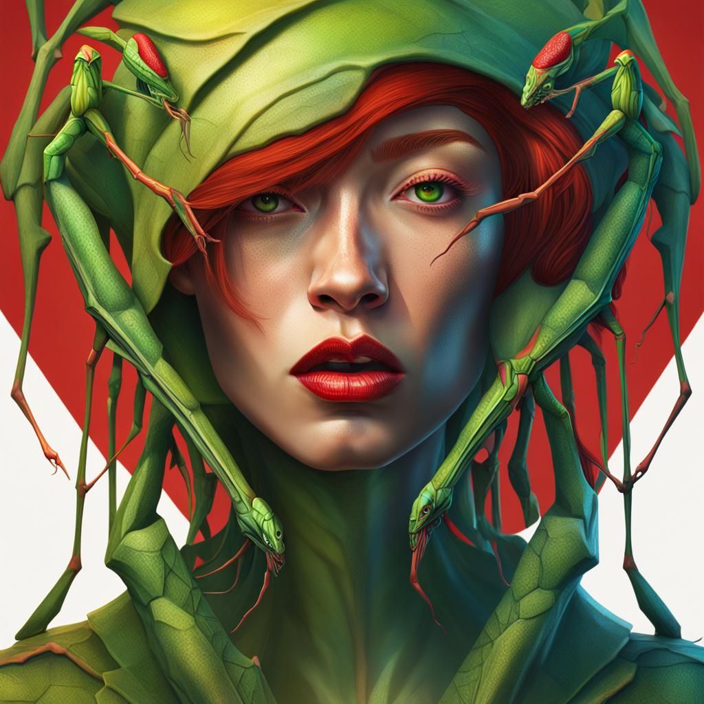 Praying Mantis Woman Hybrid in Hyperrealistic Style