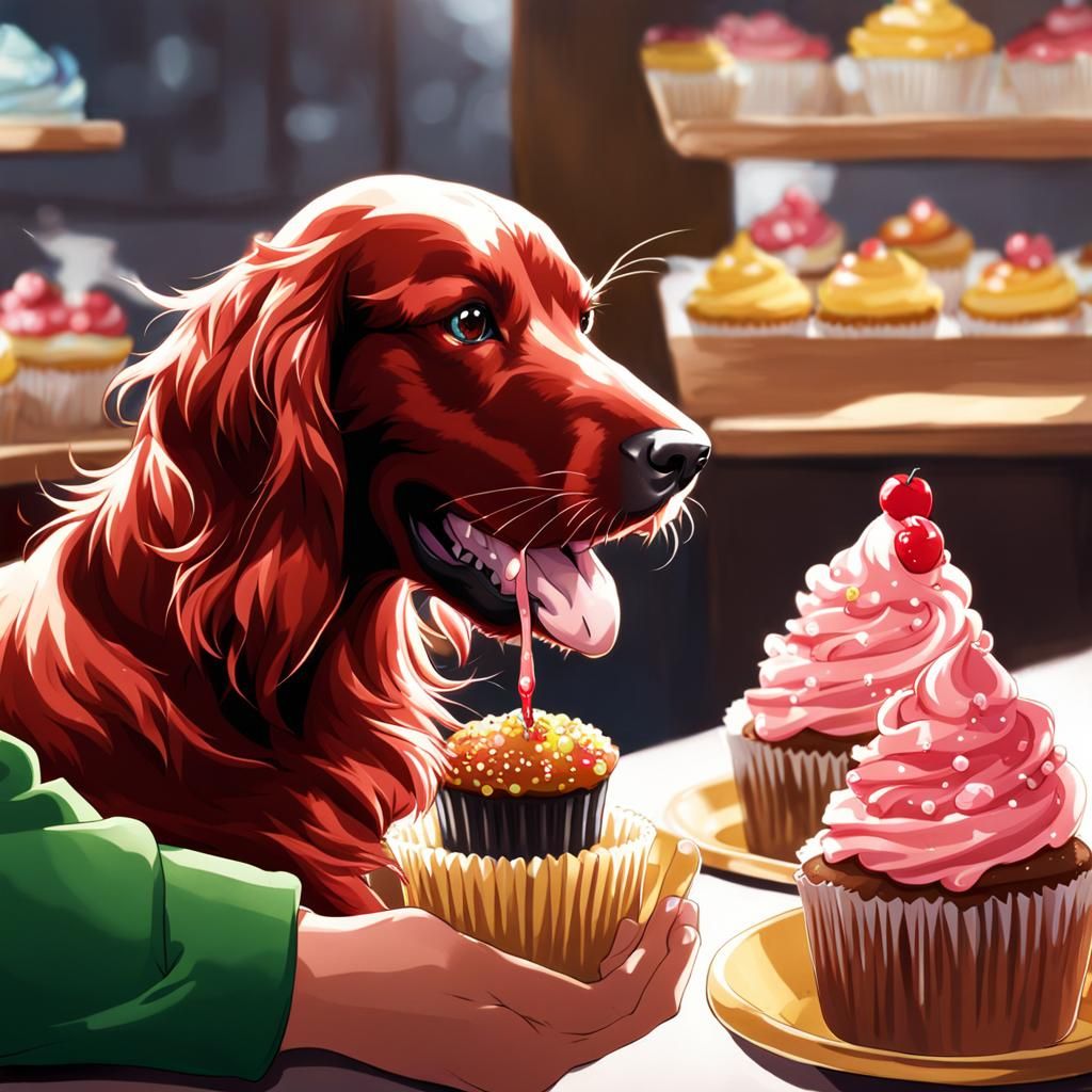 Irish Setter Eats Cupcake in Anime Style