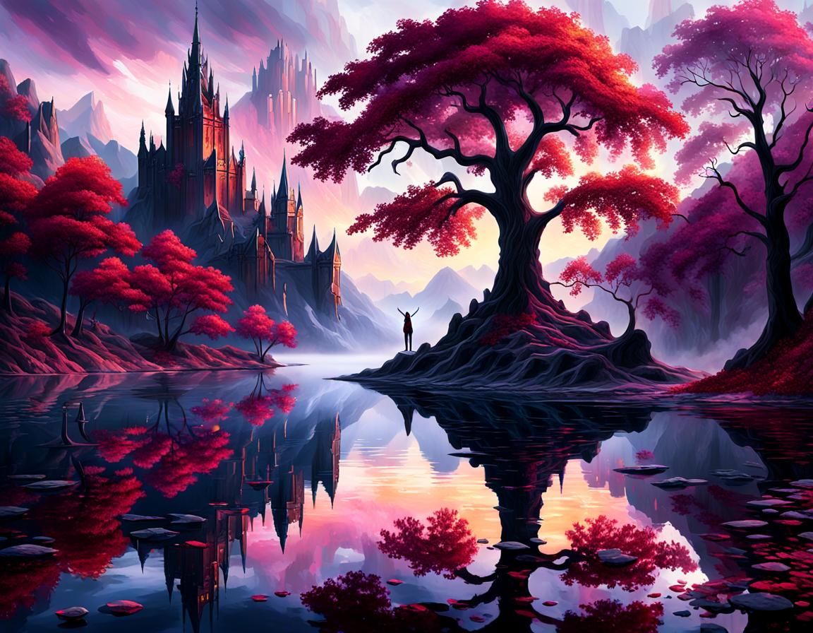 Majestic Crimson Tree Reflected in Fantasy Landscape