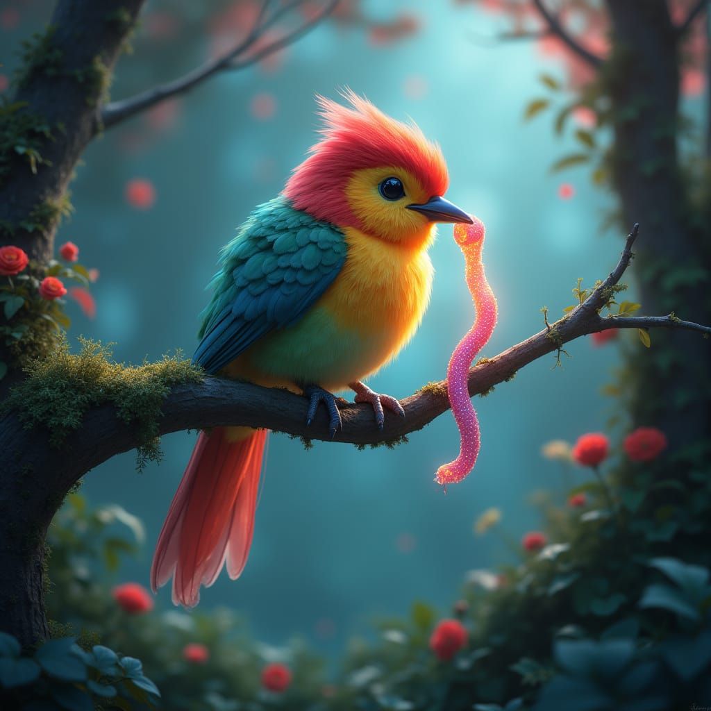 Whimsical Bird Catches a Luminescent Worm