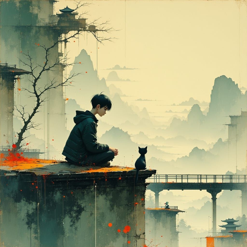 Boy Sits on a Wall with a Loyal Cat Companion