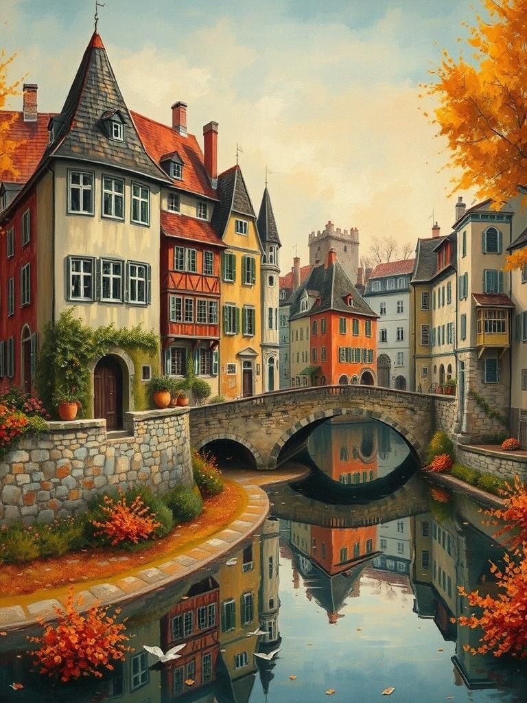 Serene ancient townscape with terracotta rooftops and rustic stone buildings, a worn stone bridge arches over a gentle, ...